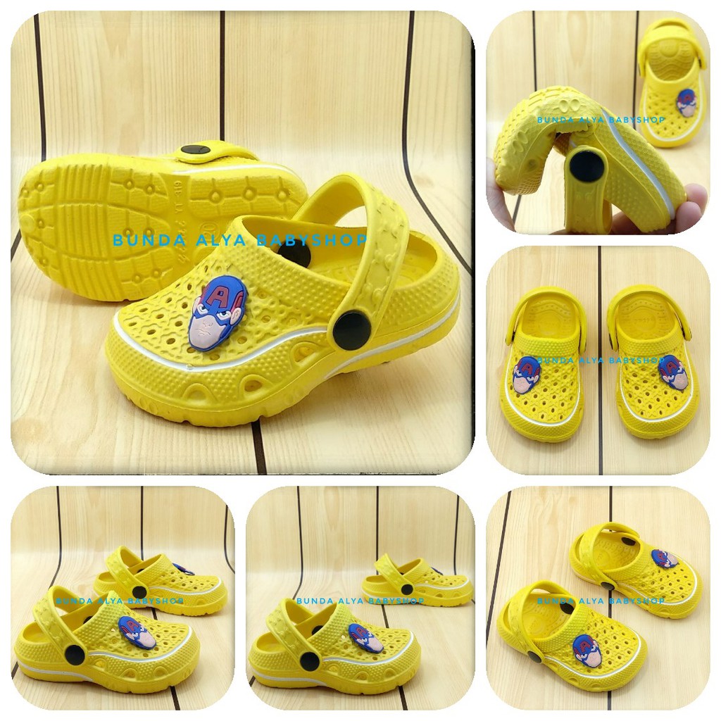 Sendal Bayi Karet Usia 6 - 12 Bulan KUNING Karet Anti Licin - Sendal Anak Cowok Anti Licin Superhero Size 18 - 19