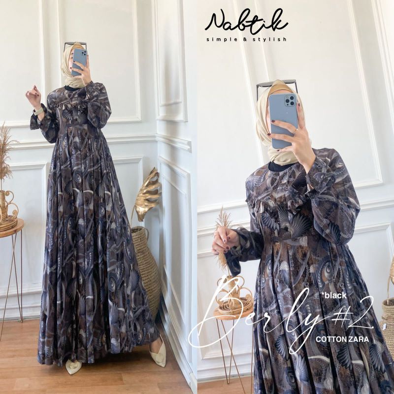 [ READY STOCK ] Berly #2 Maxy Original Nabtik Gamis Cotton Zara Model Rufle Mewah Gamis Nabtik Terba