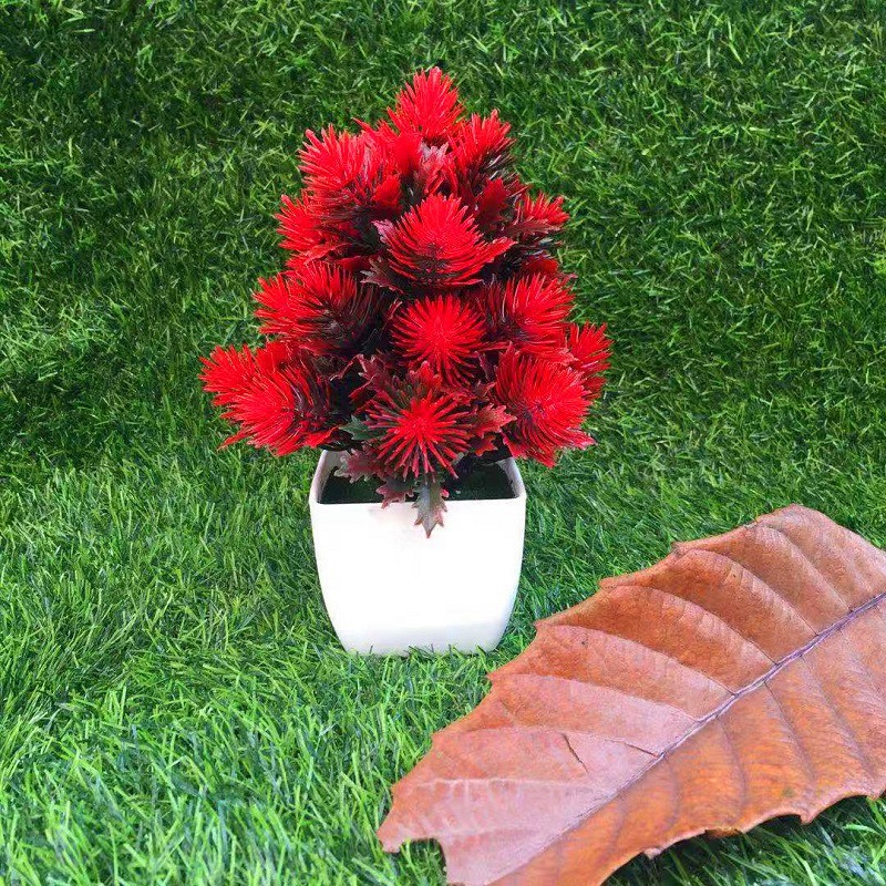 Pinus Rumput Bunga Plastik Pot Tanaman Simulasi Tanaman Hijau Kecil Pot-Merah