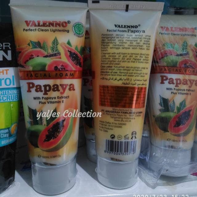 Papaya facial foam 100 ml sabun wajah tube pepaya lightening Valenno Valeno sel kulit mati vit E B3