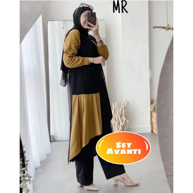 SET CELANA TUNIK AVANTI, MOSCREPE, GAMIS HIJAB MUSLIM, TUNIK SETELAN