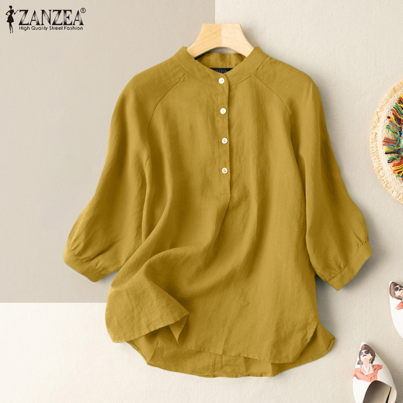 ZANZEA Women Daily Casual Solid Color Stand-Up Collar 3/4 Sleeves Loose Blouse