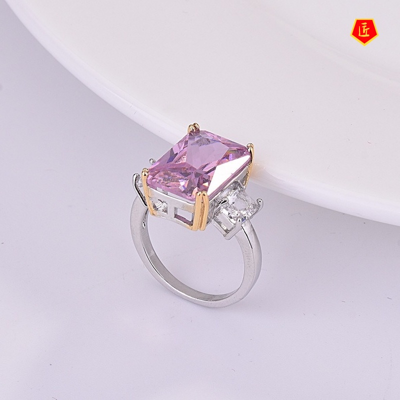 [Ready Stock]Pink Crystal Color Separation Square Diamond Ring Luxury and Elegant