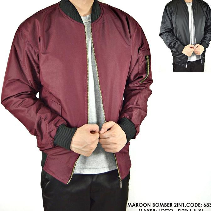 Jacket Jaket Bomber Merah Marun Polos Cowok Pria - Maroon, L New Arrval
