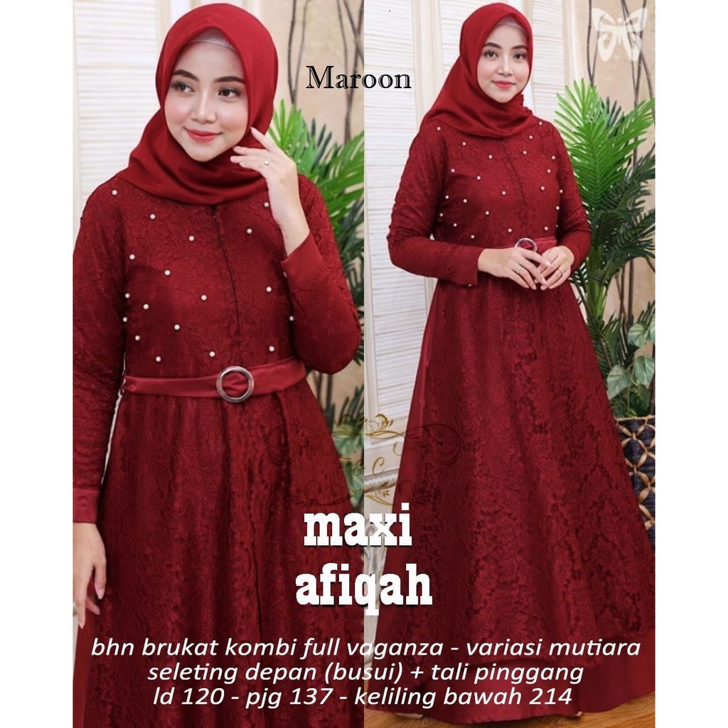 Afiqah / Baju Muslim Maxi Gaun Brukat Terusan Dress Wanita Jumbo Motif Mutiara  XXL Ada Belt