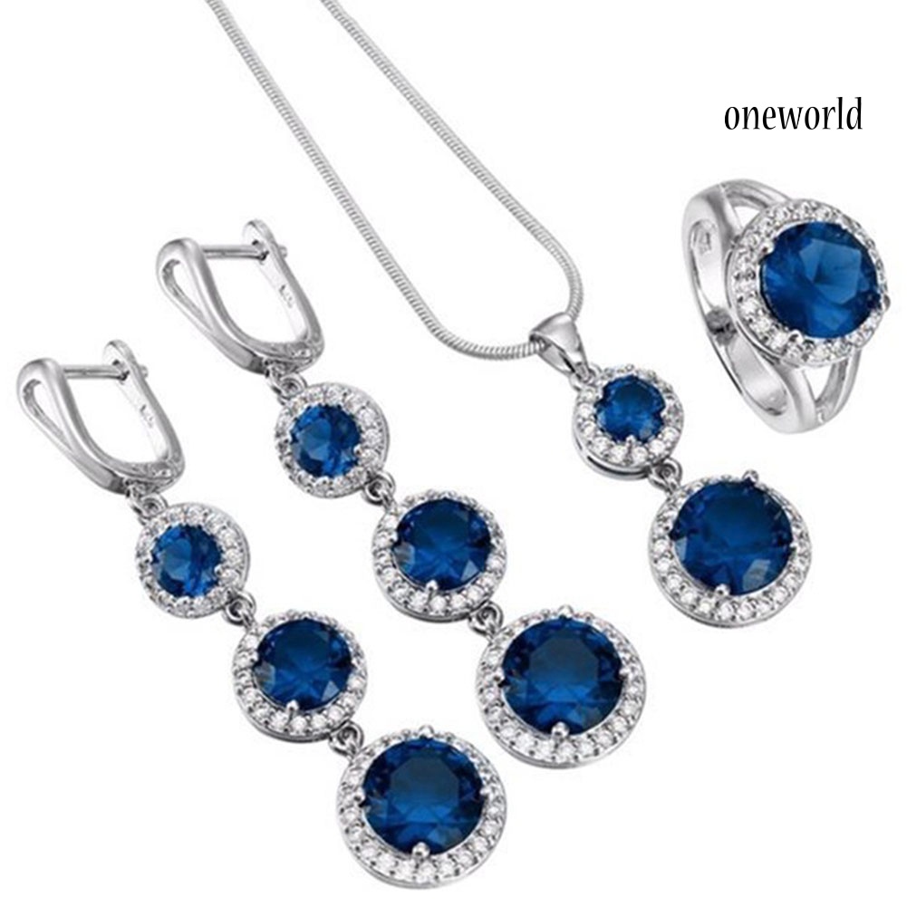 OW@ Elegant Women Round Rhinestone Pendant Chain Necklace Earrings Ring Jewelry Set