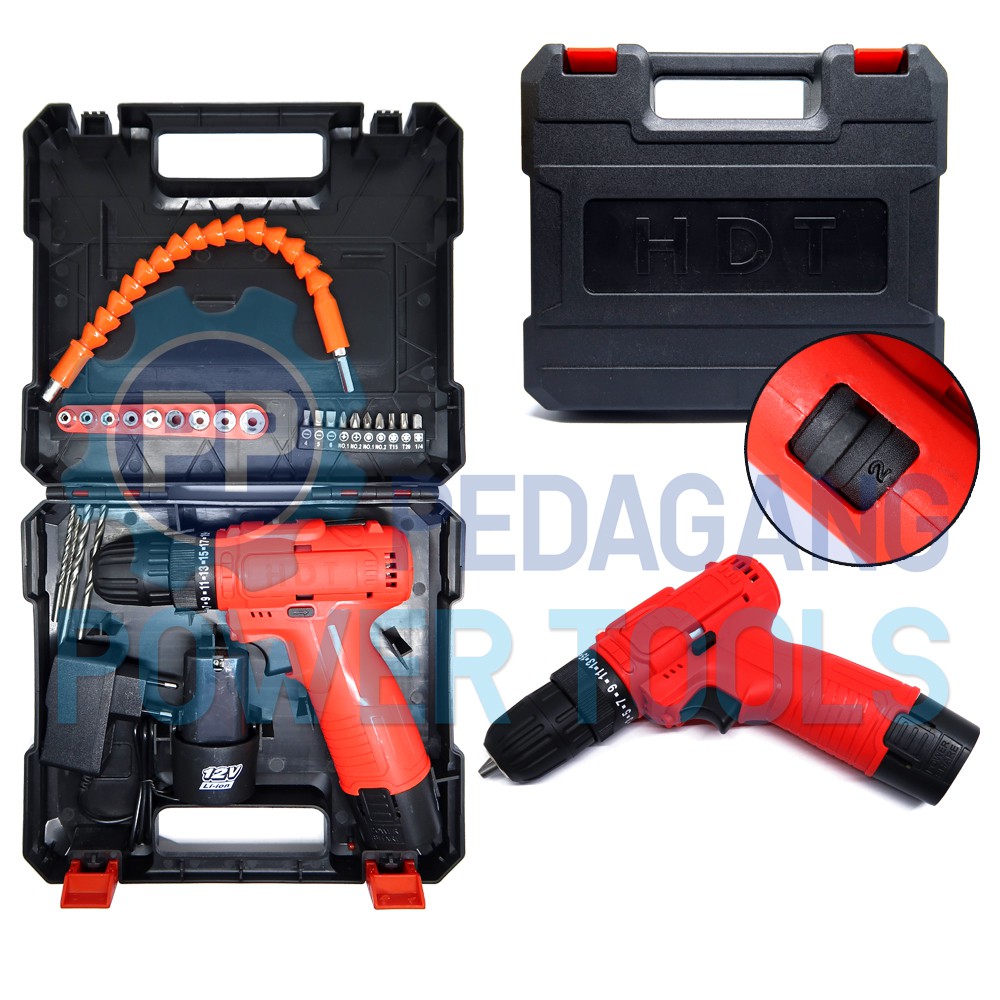 HDT CDD405 MESIN BOR CHARGER AKSESORIS CORDLESS DRILL BATERAI 12V SET