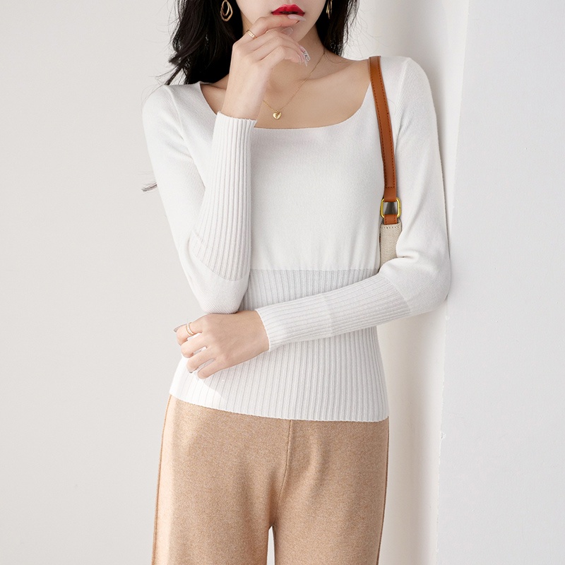 【Elegant】Fashion Plain Casual Square Neck Long Sleeve T-Shirts 7370