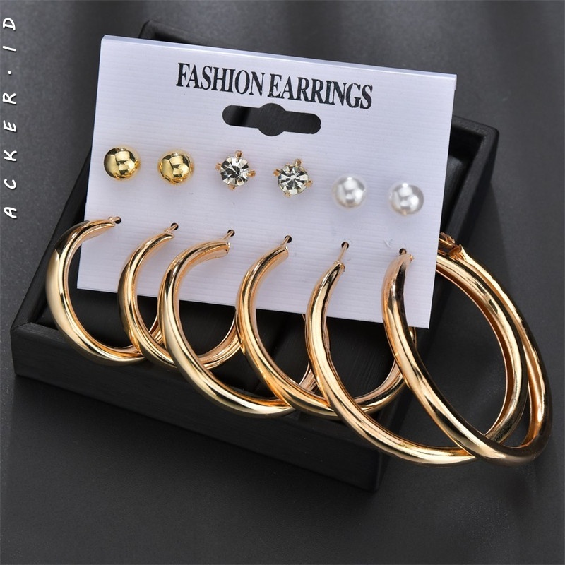 6 Pasang / Set Anting Bentuk Lingkaran Aksen Mutiara Bahan Logam Untuk Aksesoris Wanita