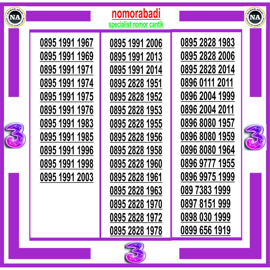 nomor cantik tri tahun h250