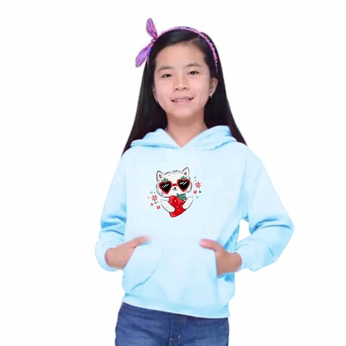 Hoodie Strawberry Cat  Sweater Anak Fleece Pakaian Anak