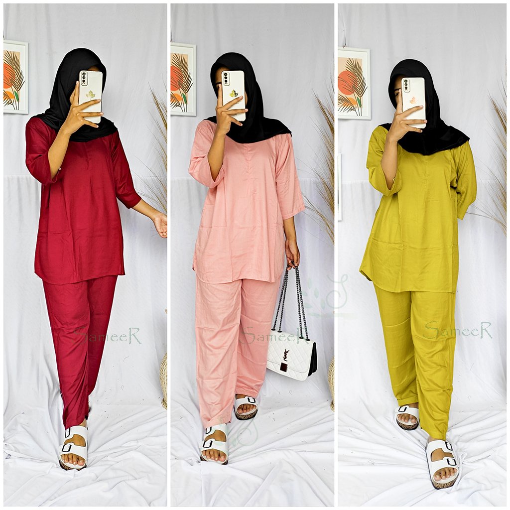 Setelan Rayon Wanita Busui Lengan 3/4 Kekinian Piyama Set Pajamas Polos Ld 120