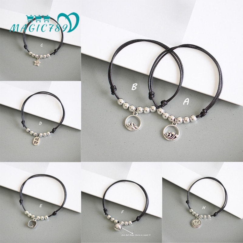 Magic789 2PCs / Set Gelang Tangan Tali Hitam Aksen Manik-Manik + Bintang + Smile Untuk Pasangan / Pria / Wanita