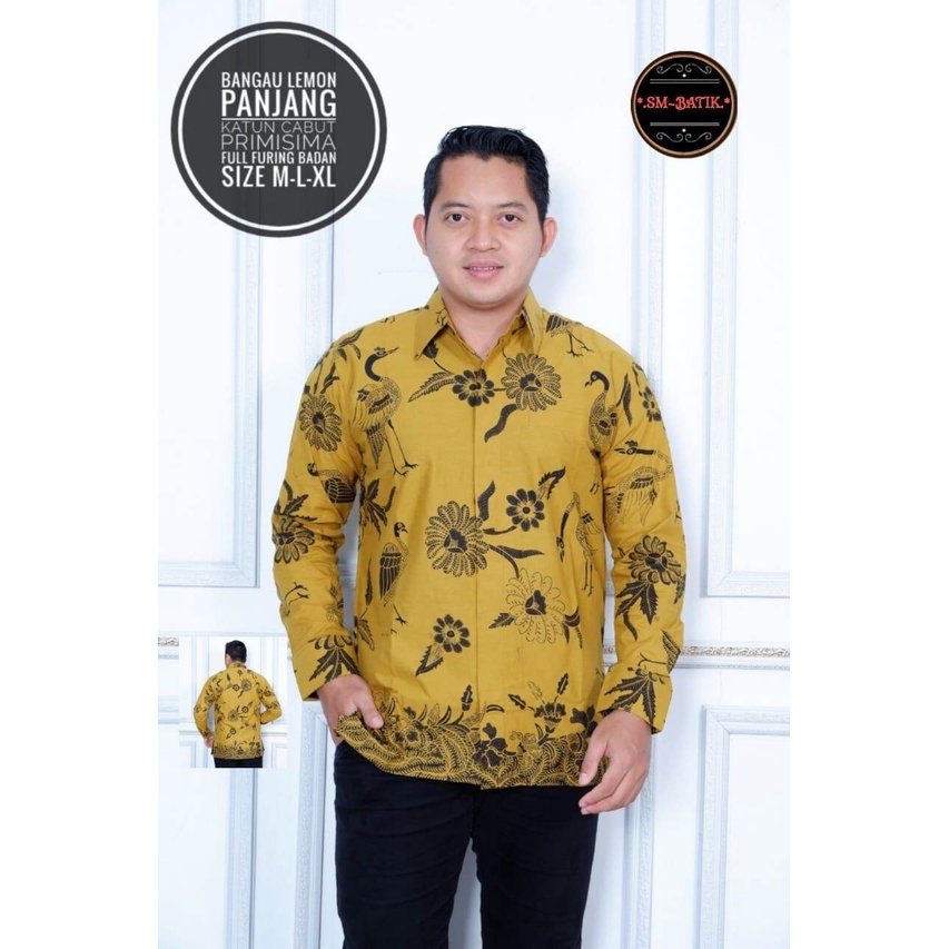 Kemeja batik pria warna lemon / baju batik pria terbaru warna kuning lemon /batik full furing bahan katun halus primisima / kemeja batik motif bangau lemon