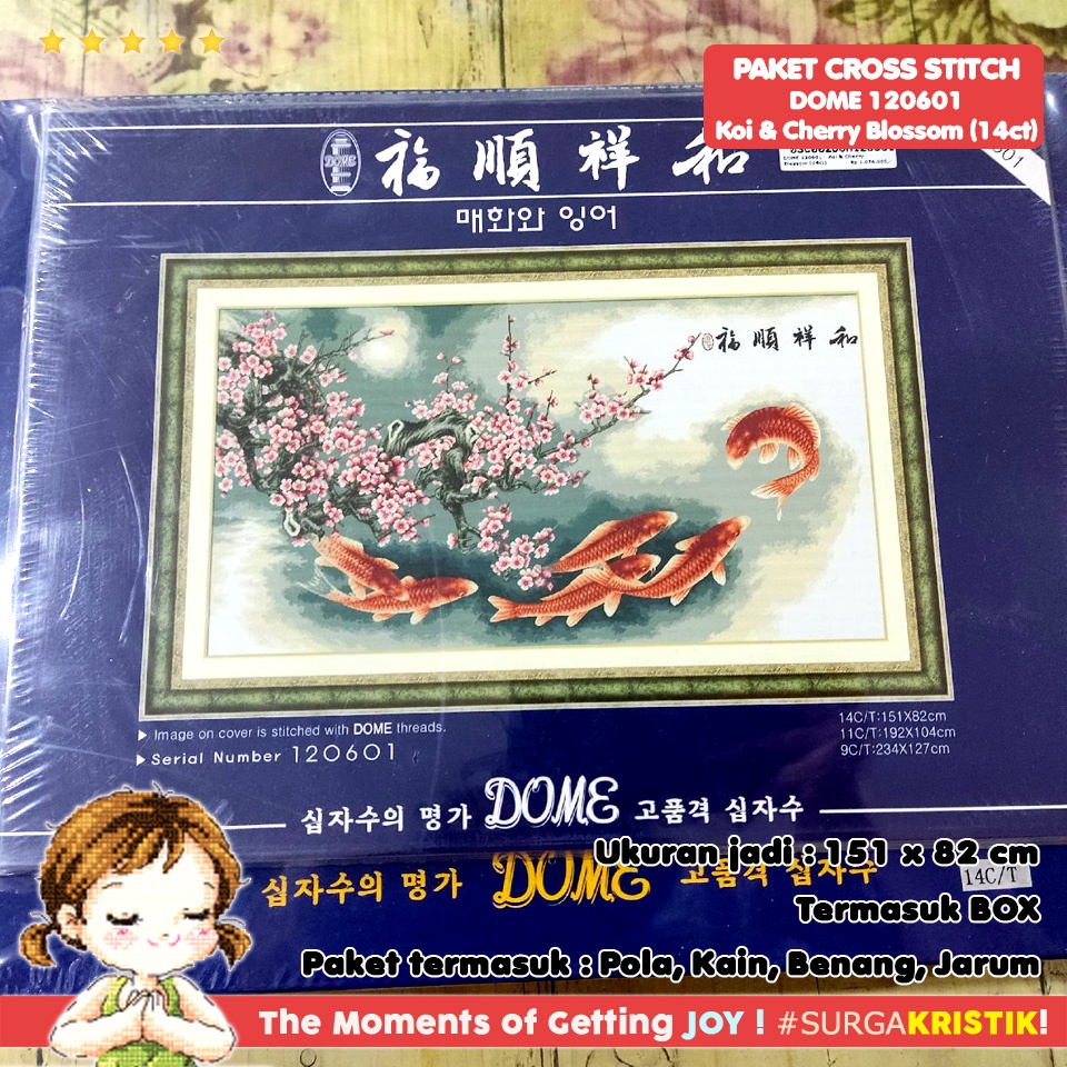 Paket DIY Craft Sulam Kristik Strimin DOME 120601 Ikan Koi Bunga Cherry Blossom Sakura