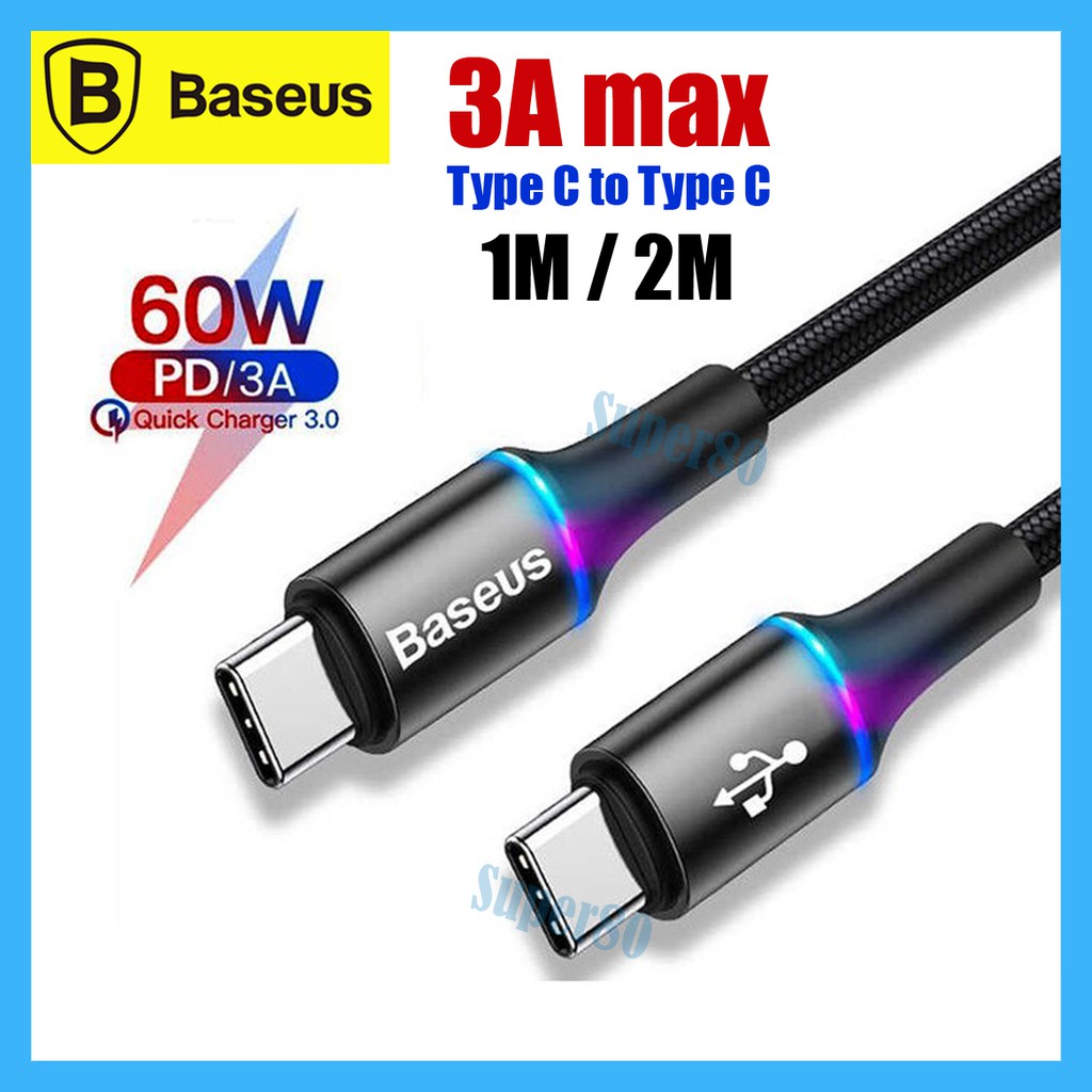 Baseus Halo PD 60W Type C to Type C Cable 3A Fast Charging Charge Kabel Data Charger QC 1m 2m