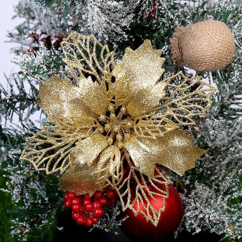 Hollow Christmas Flower Xmas Pohon Ornamen Produk Natal Bunga Buatan Warna-Warni Dengan Glitter Dekorasi Pesta Festival Musim Semi