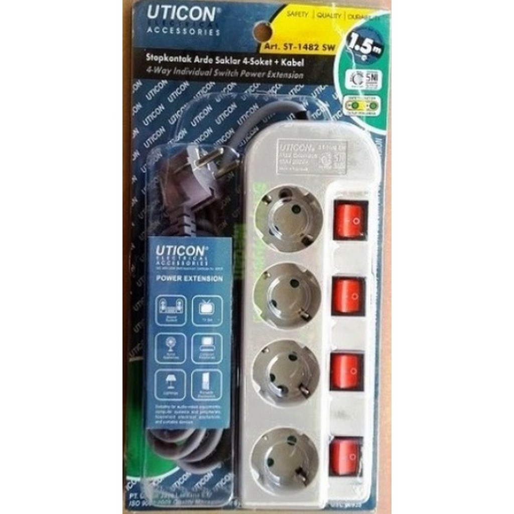 Stop kontak arde 4 Lubang + kabel + saklar tersendiri/uticon/ St 1482SW/ Cok Sambung Uticon