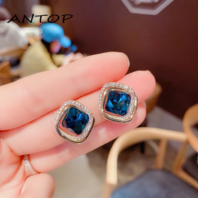 Korea S925 Perak Zirkon Anting-Anting Kristal Biru Ganda Cincin Anting-Anting Wanita Fashion Perhiasan Aksesoris ANTOP