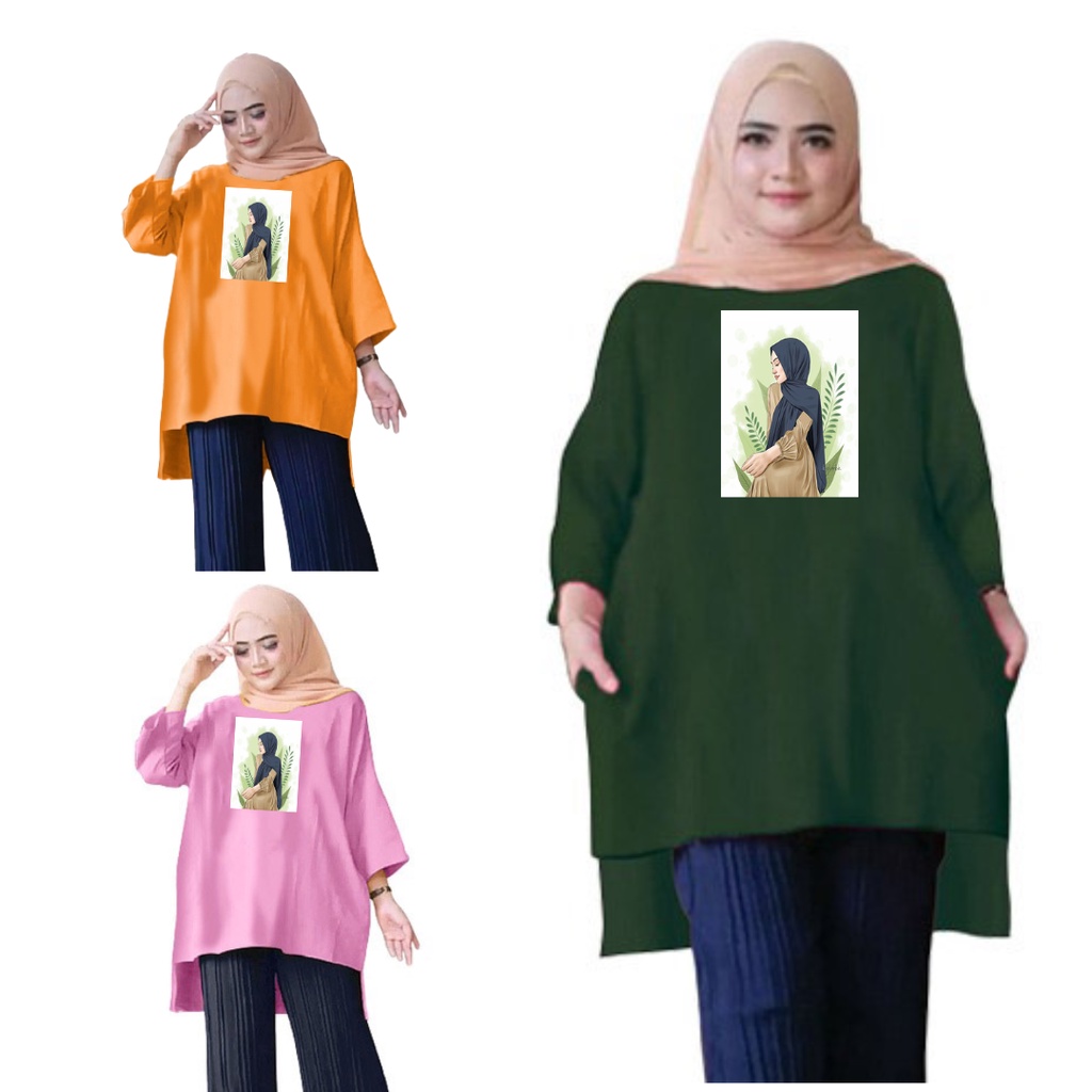 Tunik Jumbo Wanita Hijab Daun Aesthetic/ Atasan Muslim Wanita XL, XXL