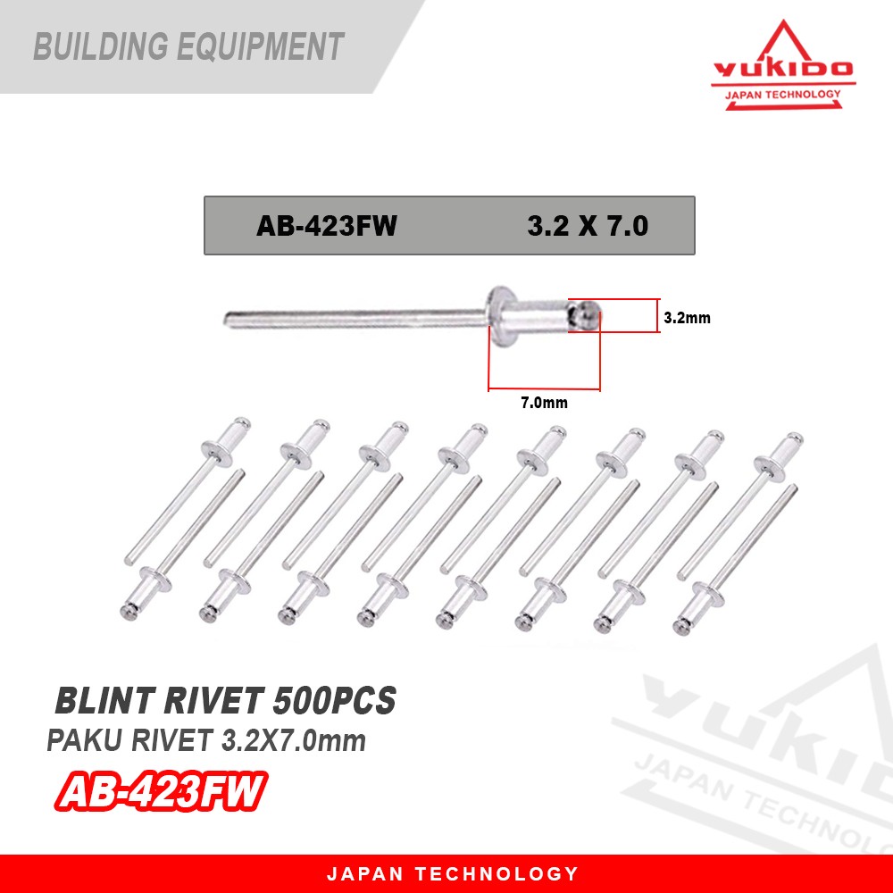 Isi 500 PCS YUKIDO Paku Rivet Ripet 423 (3.2X7.0MM) 1PACK Free Mata Bor Besi 3.2mm