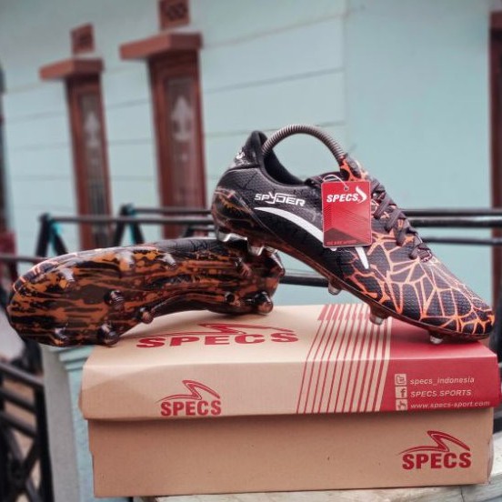 sepatu bola specs spider black orange