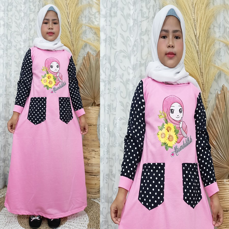 GAMIS ANAK 2 KANTONG ALHAMDULILLAH DRESS KIDS 4-12tahun CARLINA