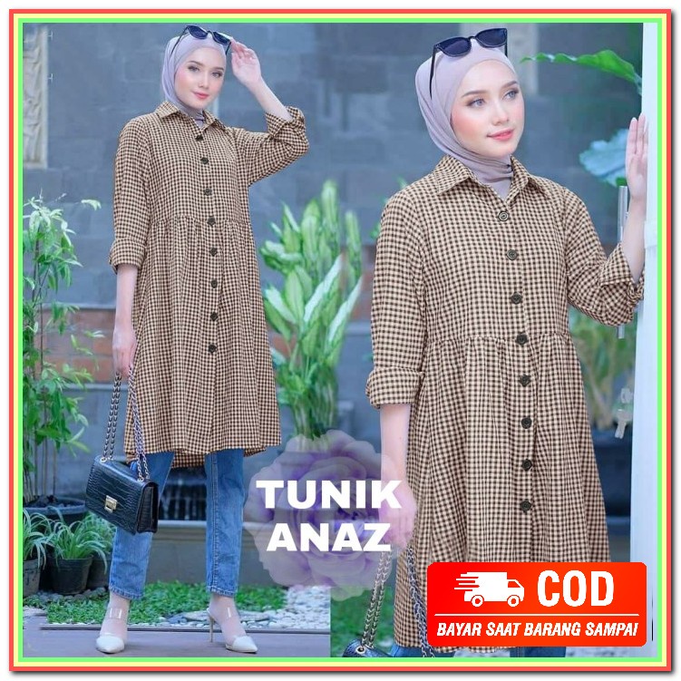 Lovely Tunik Wanita Terbaru 2021 Grosironlinemurah Atasan Tunik / JK416 Tunik Anaz Kotak Coklat [Ga