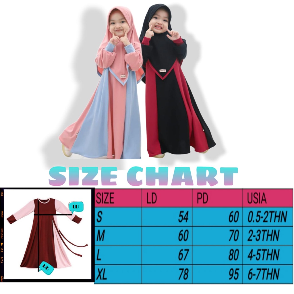 Gamis Anak Perempuan Syar'i 1-8 Tahun (S-M-L-XL) / Dress Anak Perempuan / Gamis set kerudung / pakaian anak muslimah / Baju Muslim Anak Perempuan / Baju Anak