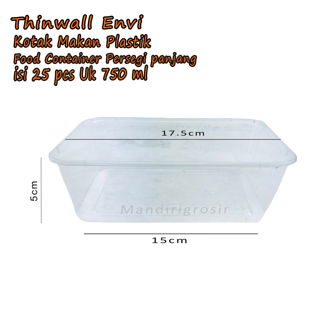 Thinwall Envi * Kotak Makan Plastik * Food Container Persegi panjang * isi 25 pcs * uk 750 ml