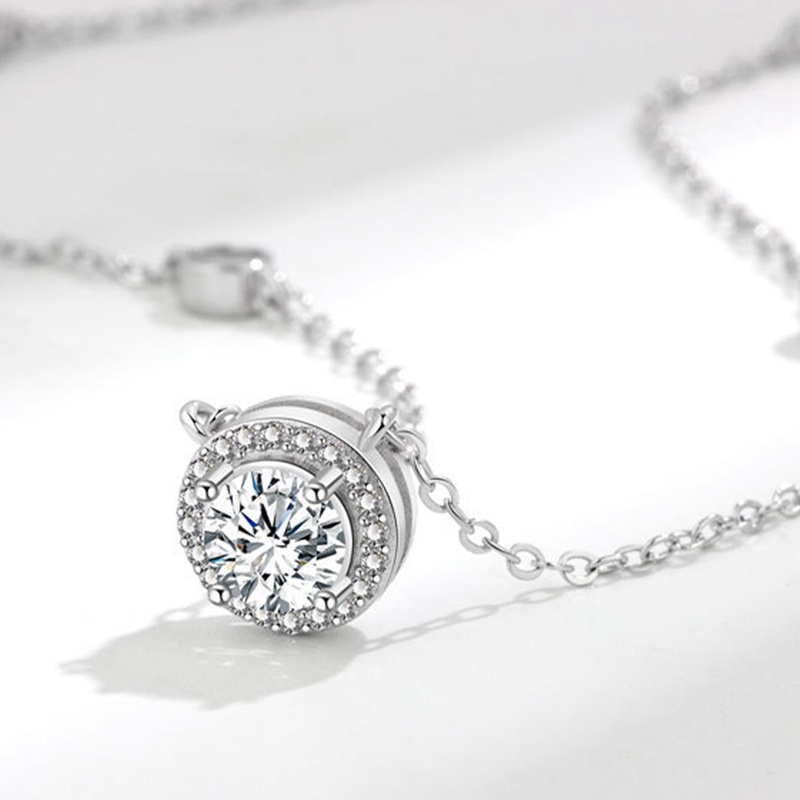 Kalung Rantai Sterling Silver 925 Hias Liontin Batu Zircon Bulat Untuk Wanita