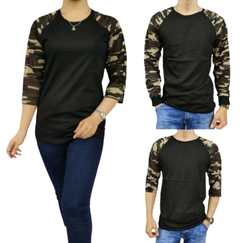 Kaos Hitam Kombinasi Loreng Pria Wanita Lengan 3/4 Ukuran M L XL XXL