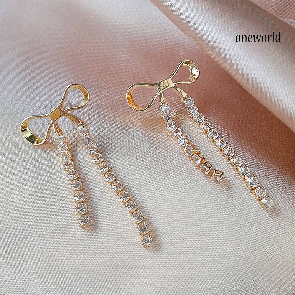 OW# Women Lady Elegant Shiny Alloy Bowknot Shaped Long Tassel Earrings Jewelry Gift