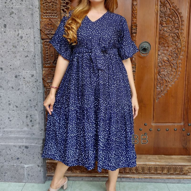 DRESS JENIMA Baju Wanita Dress Bali  Tali SampingJumbo motif polkadot Sleting Depan Dress Bumil Jumbo Sleting Depan Tali Samping Baju Busui Jumbo Sleting Depan