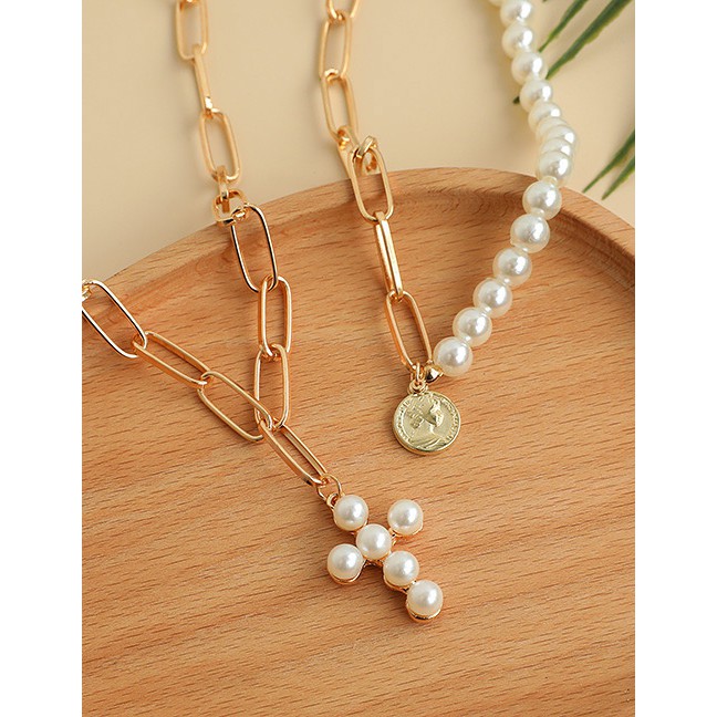 LRC Kalung Wanita Fashion Gold Color Alloy Double Pearl Cross Necklace P03025