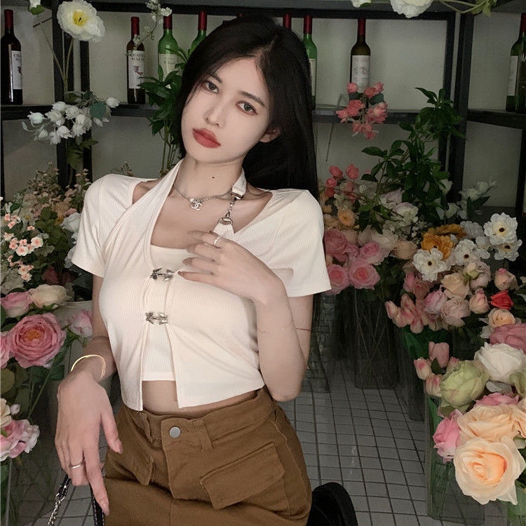 2022 Musim Panas Baru Gadis Panas Acara Navel Show Tipis Palsu Dua Potong Menggantung Leher Lengan P