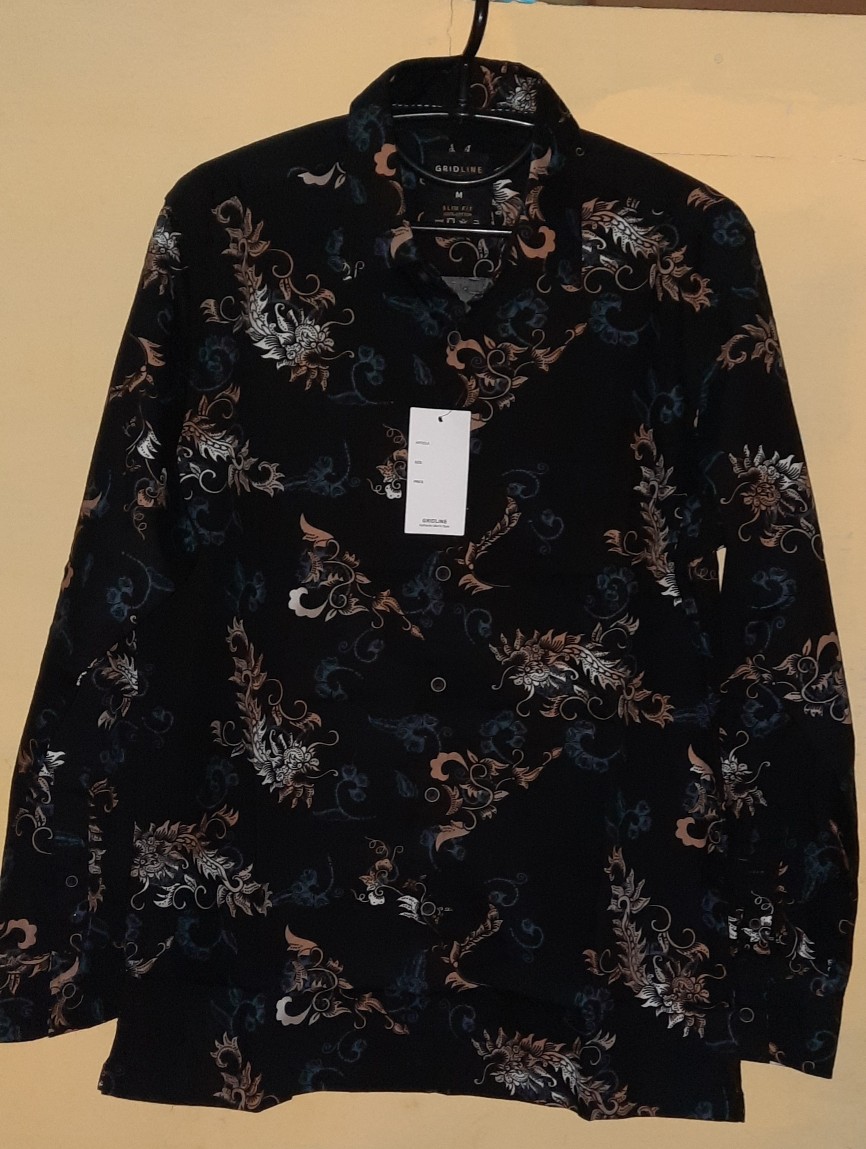 [gridline - Ls043 Navy & Black] Kemeja Batik Pria Katun Lengan Panjang Slimfit Premium Match Best