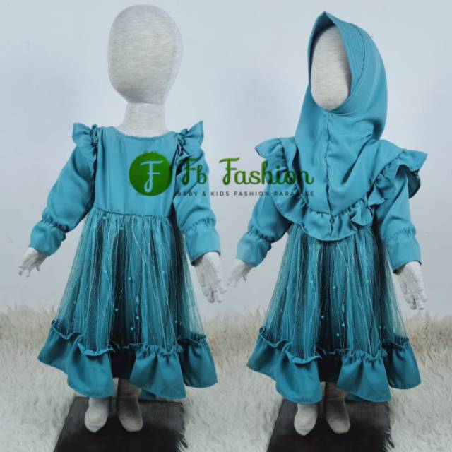BAJU GAMIS GAUN PESTA ANAK MUSLIMAH PEREMPUAN USIA 1-10TH WARNA BIRU WARDAH