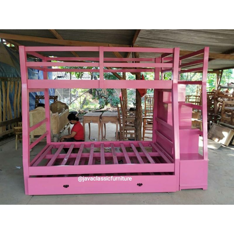 DIPAN TEMPAT TIDUR RANJANG SUSUN TINGKAT ANAK DUCO PUTIH PINK MINIMALIS LACI 3 BED MURAH BAHAN KAYU FURNITURE JEPARA KUALITAS EXPORT-3