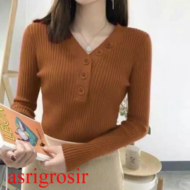 Atasan Wanita Kerah V Rajut Yoana Knit Buttons