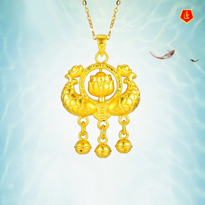 [Ready Stock]3D Gold Lock Bag Necklace Lotus Rotatable Bell Pendant