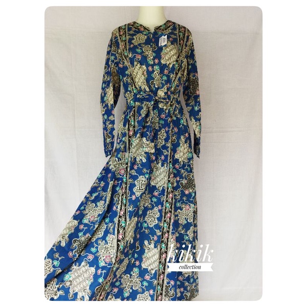 Gamis Katun Motif Batik Modern Warna Biru Long Dress Tradisional Pakaian Muslim Wanita Etnik Fashion