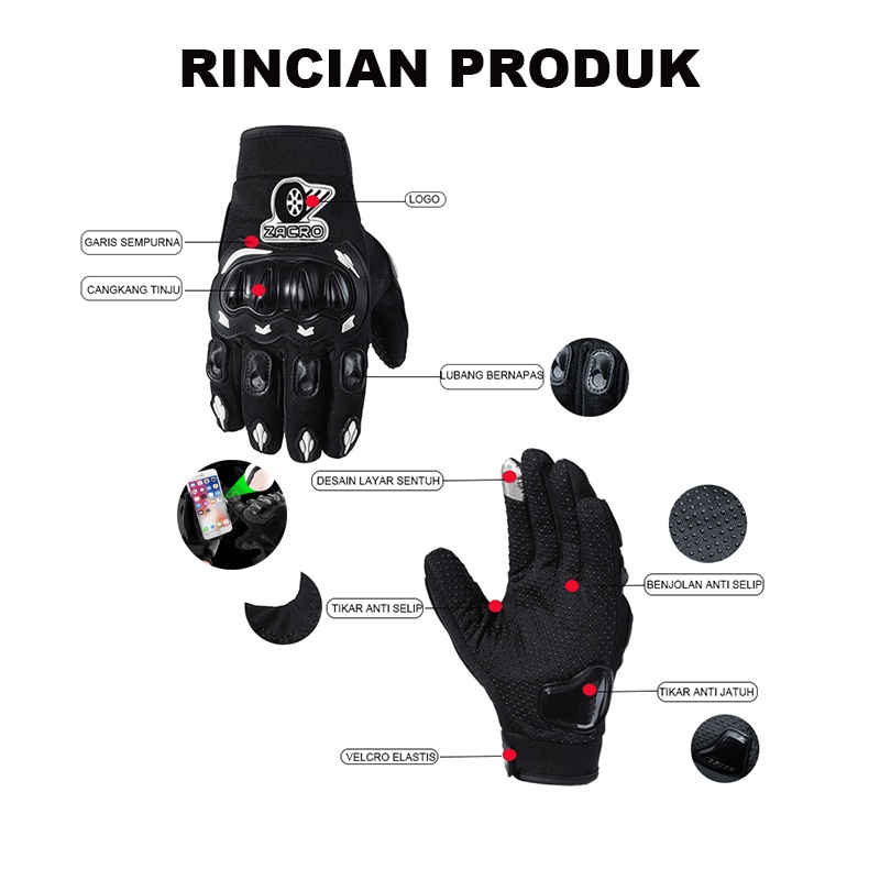 ZACRO Sarung Tangan Motor Pria Touch Screen   Kulit Pro Rider Sporty Batok Biker Gloves