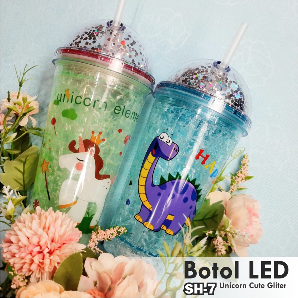 BARNIK88 Gelas Minum Cup Glitter Tumbler 450ml Karakter LED Cups Blink Gelas Botol Minum Air Sedotan Botol Minum Cantik