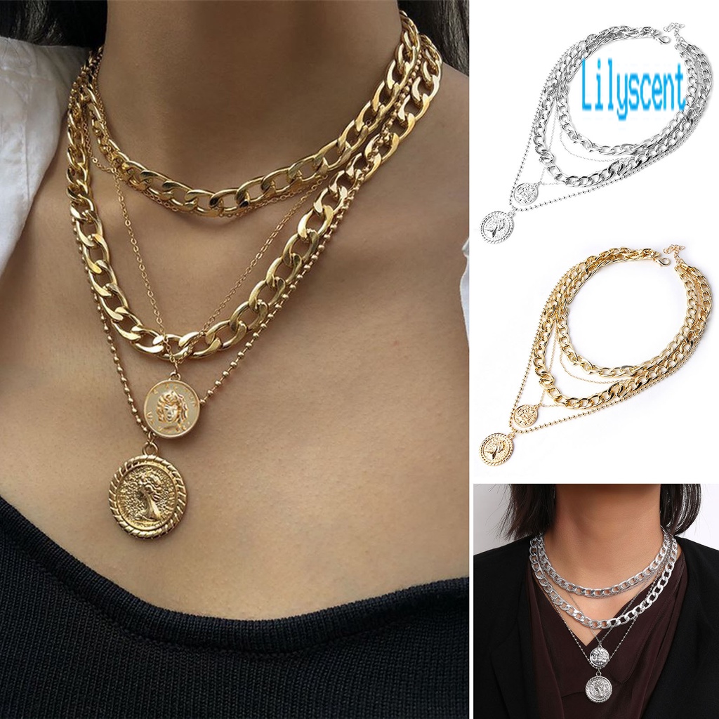 Lily Kalung Rantai Banyak Lapis Dengan Liontin Koin Elektroplating Untuk Wanita