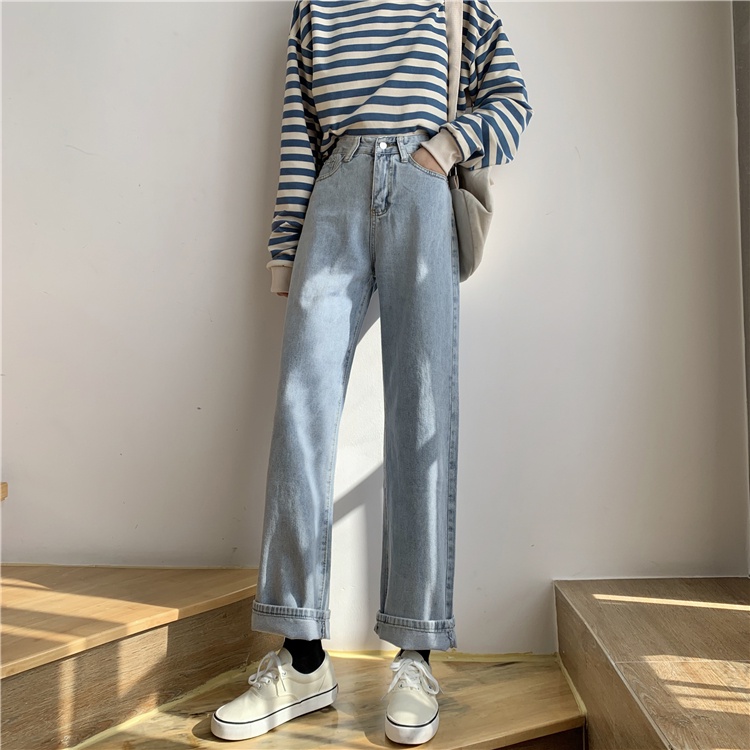 korean new Biru muda high waist longgar celana  kulot jeans panjang wanita