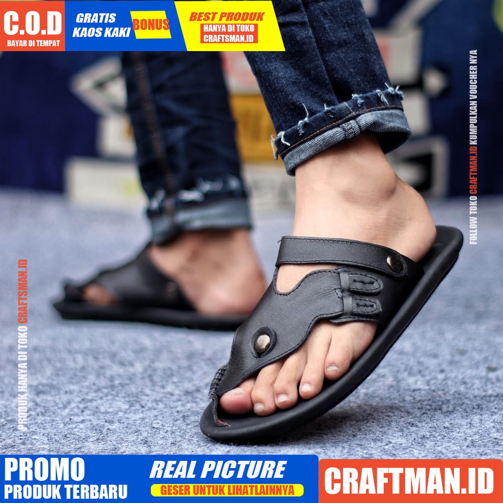 CRAFTS LUCKY SANDAL KULIT PRIA BLACK BROWN SENDAL CASUAL JEPIT PRIA