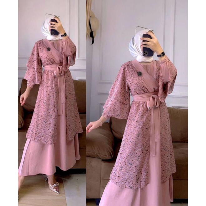 Nadiva One Set Wanita Outer Crinkle Airflow Kombi Ceruty Babydoll Premium Setelan Baju Lengan Tumpuk Karet Set Muslim Kekinian LD 108 cm