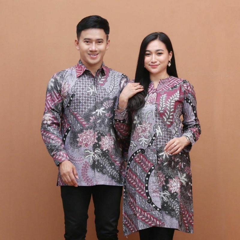 Atasan Tunik Batik Wanita Couple Kemeja Batik Pria Lengan Panjang Best Seller Kain Katun - Motif Cap Ungu