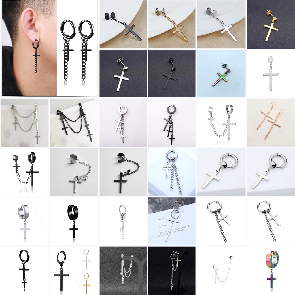 Korean Fashion Cross Pendant Stainless Steel Men and Women Ear Clip Earrings Hip Hop Punk Rock Jewelry Bar Wear Best Ear Studs Accessories Factory Wholesale In Stock